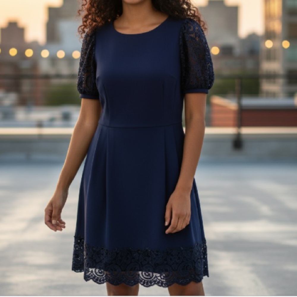 JESSICA HOWARD Women’s Size 8P Navy Blue Short Sleeve Scoop Neck Midi Skirt